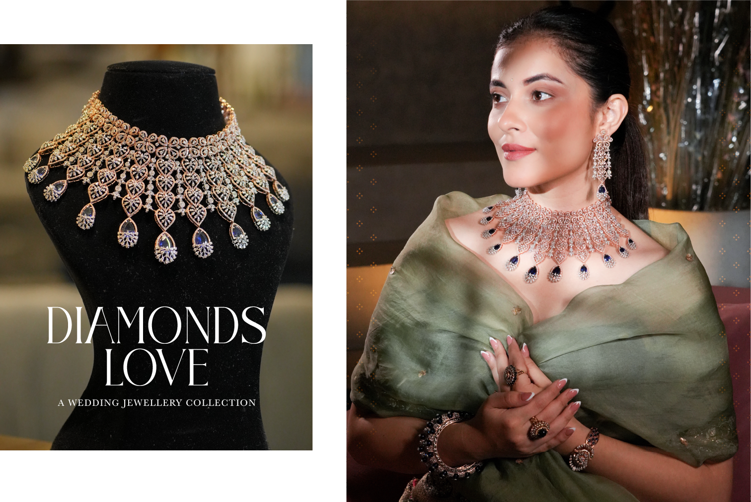 Luxury diamond bridal necklace and earrings set with model for wedding Real Estate collection