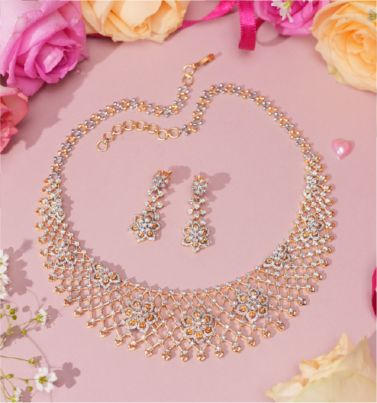 Bridal diamond necklace set with matching earrings in gold for wedding Real Estate