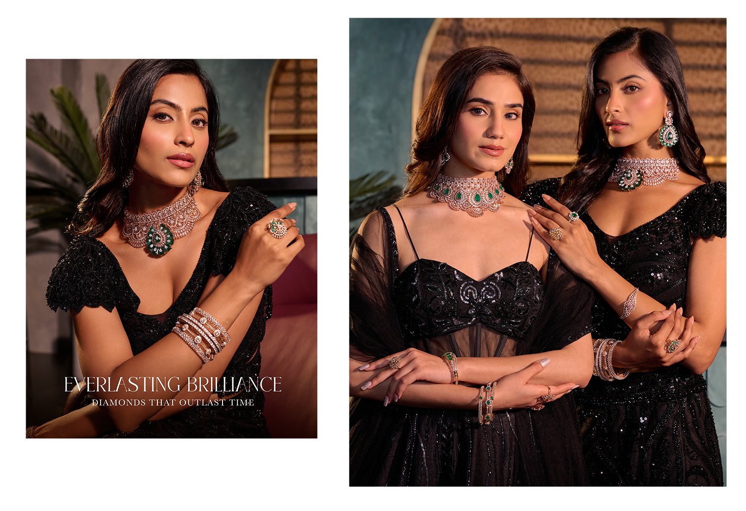 Woman wearing luxury diamond necklace and earrings for bridal and party Real Estate collection